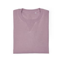 A folded crew neck sweatshirt in a soft lavender colour made from 100% organic cotton, featuring a logo.