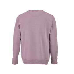 A crew neck sweatshirt in a soft mauve colour, made from 100% organic cotton with a logo on the back.