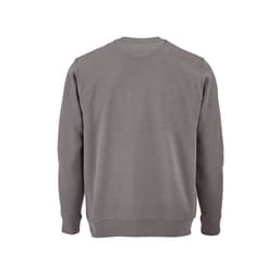A grey crew neck sweatshirt made of 100% organic cotton, featuring long sleeves and a ribbed hem.