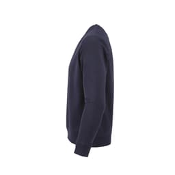 A navy French terry crew neck sweatshirt made from 100% organic cotton, featuring a logo.