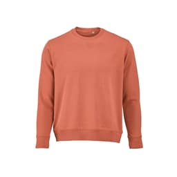 A coral sweatshirt made of 100% organic cotton, featuring a crew neck and ribbed cuffs, with a logo.