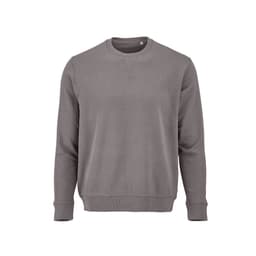 A grey crew neck sweatshirt made of 100% organic cotton, featuring a logo on the chest.