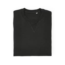 A folded black crew neck sweatshirt made from 100% organic cotton, featuring a ribbed texture and a small logo.