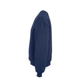 A navy oversized sweatshirt with a round neckline and ribbed cuffs, featuring a logo on the sleeve.
