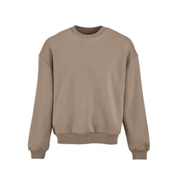A beige oversized sweatshirt with a crew neck and ribbed cuffs, featuring a logo. Made from organic cotton and recycled materials.