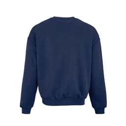 A navy oversized sweatshirt with a crew neck and ribbed cuffs, featuring a logo. Made from organic cotton and recycled materials.