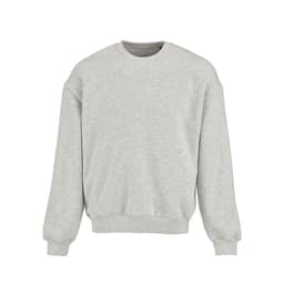 A grey oversized sweatshirt made from organic cotton, rCotton, and rPET, featuring a logo on the front.