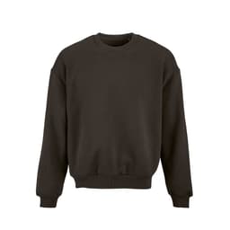A dark grey oversized sweatshirt made from organic cotton and recycled materials, featuring a logo.