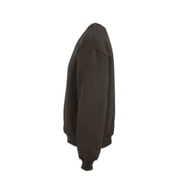 A dark brown oversized sweatshirt with a crew neck and ribbed cuffs, made from organic cotton and recycled materials.