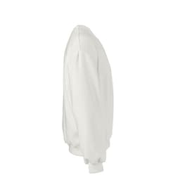 A white oversized sweatshirt made from organic cotton, rCotton, and rPET. The garment features a logo.