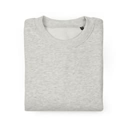 A folded oversized sweatshirt in light grey, made from organic cotton, rCotton, and rPET. It features a logo.
