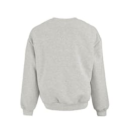 A grey oversized sweatshirt, featuring a crew neck and ribbed cuffs. The back view reveals a plain design with a logo.