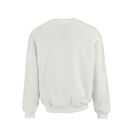 An oversized white sweatshirt with a crew neckline and long sleeves. It features a logo on the back.