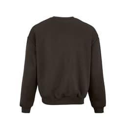 An oversized sweatshirt in a dark colour, featuring a plain back and ribbed hem. It has a logo on the exterior.