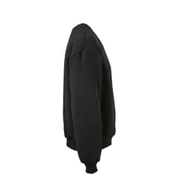 A black oversized sweatshirt with a simple design, featuring a crew neck and ribbed cuffs. It has a logo.