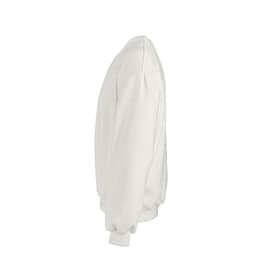 A white oversized sweatshirt made from organic cotton, rCotton, and rPET, featuring a logo.