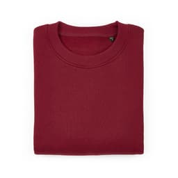 A folded burgundy oversized sweatshirt made from organic cotton, rCotton, and rPET, featuring a ribbed neckline.