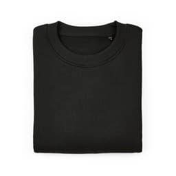 A folded black oversized sweatshirt made from organic cotton and recycled materials, featuring a woven label.
