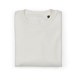 An oversized sweatshirt in white, made from organic cotton, rCotton, and rPET, featuring a logo.