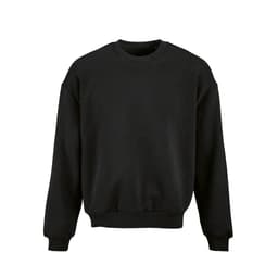 A black oversized sweatshirt made from organic cotton, rCotton, and rPET. It features a simple design and has a logo.