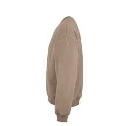 An oversized sweatshirt in a light brown colour, featuring a logo, made from organic cotton, rCotton, and rPET.