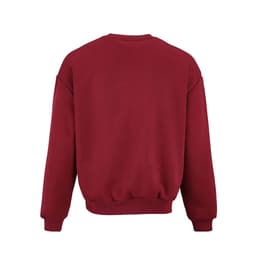A maroon oversized sweatshirt with a round neckline and ribbed cuffs. It features a logo on the back.