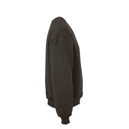 A dark grey oversized sweatshirt with a crew neck and ribbed cuffs, featuring a logo on the side.