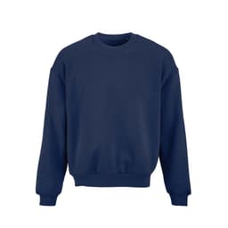 A navy oversized sweatshirt made from organic cotton, rCotton, and rPET, featuring a logo.