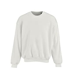 A white oversized sweatshirt made from organic cotton, rCotton, and rPET, featuring a logo.