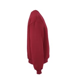 A red oversized sweatshirt made from organic cotton, rCotton, and rPET, featuring a logo.