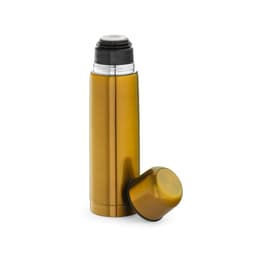 A drink bottle in a gold hue, featuring a black top and a removable cap. It has a branded logo on the surface.
