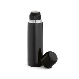 A drink bottle in sleek black with a removable cap, featuring a logo on its surface.
