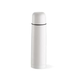 A drink bottle featuring a sleek white design with a black band, includes a cup and has a logo.