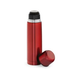 A drink bottle in glossy red with a black lid and a removable cap. It features a logo on its surface.
