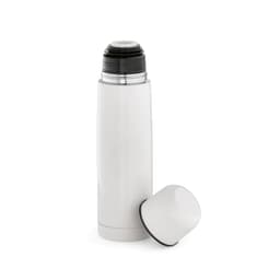 A drink bottle in white with a detachable cap, featuring a sleek design and a branding logo.