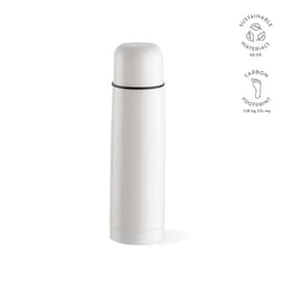 A drink bottle in a sleek white finish, featuring a cup and a branding logo at the top.