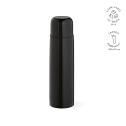 A drink bottle in sleek black with a rounded top, featuring a logo and details on sustainability.