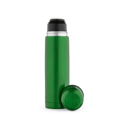 A green drink bottle with a black lid, featuring a simple design and a matching cap.