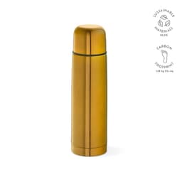A drink bottle in a shiny gold finish, with a sleek design and a logo on the side. Features a wide opening for easy filling.