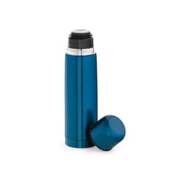A drink bottle with a shiny blue exterior and a removable cap. It has a logo on the body.