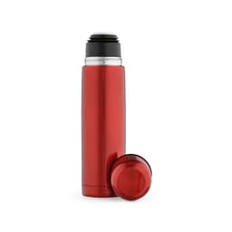 A drink bottle in vibrant red, featuring a screw-top lid and a separate cup attached. It has a sleek, shiny finish.