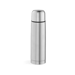 A drink bottle with a sleek stainless steel design, featuring a rounded cap and a logo.