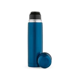 A drink bottle in a vibrant blue with a black lid and a separate matching cup beside it.
