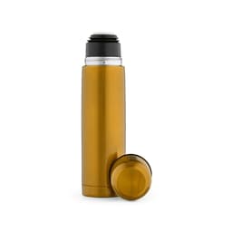 A drink bottle in a glossy gold finish with a black lid and a removable cup. It includes a brand logo.