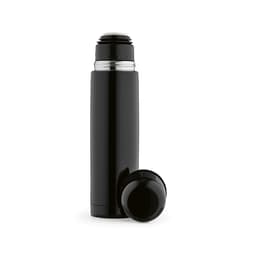 A drink bottle in black with a screw-on lid and a separate cap, featuring a branding logo.