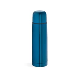 A drink bottle with a sleek, shiny blue finish, featuring a cup and a branding logo.
