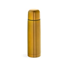 A drink bottle in a shiny gold finish with a black ring, featuring an integrated cup and a sleek design.
