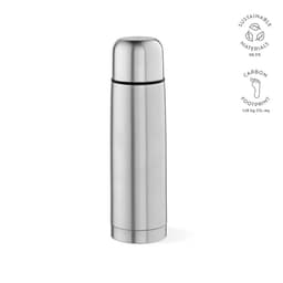 A drink bottle made of stainless steel with a sleek silver finish. It features a logo.