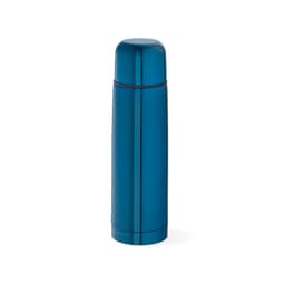 A drink bottle in shiny blue with a cylindrical design, featuring a cap and a logo.
