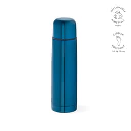 A drink bottle in a shiny blue finish, featuring a logo and a sleek, cylindrical design.